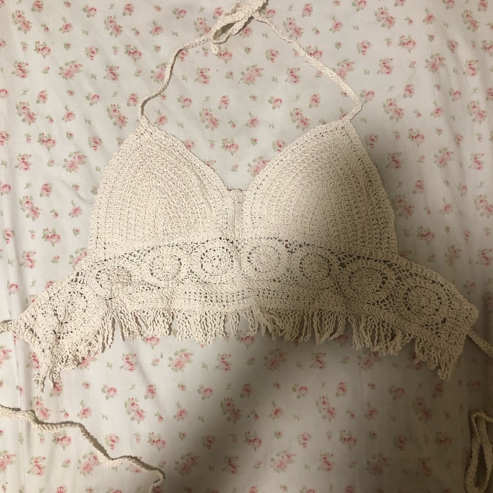 Crochet Bralette Halter Top in Cream